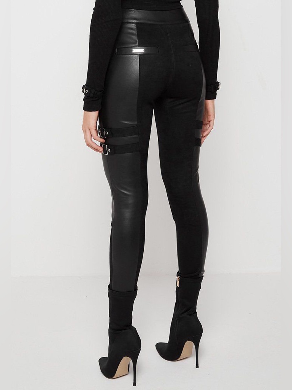 Maniere De Voir Black Faux Leather Buckle Leggings Skinny Pants sz US M/UK 12